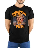 Pumpkin Patch Fuel Cute Scarecrow Fall Coffee T Shirt - model wearing black tee with hands behind back
