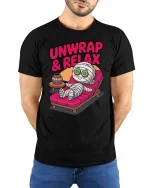 Funny Mummy Unwrap Relax Spa Humor Halloween T Shirt - model wearing black tee with hands behind back
