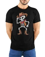 Funny Skeleton Cowboy Western Dance Vintage Graphic T Shirt - model wearing black tee with hands behind back