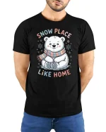 Cute Polar Bear Snow Place Like Home Winter T Shirt - model wearing black tee with hands behind back