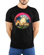 Funny UFO Alien Invasion City Fire Retro SciFi T Shirt - model wearing black tee with hands behind back
