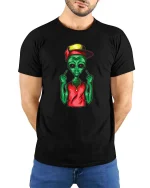 Funny Alien Street Style Graphic Cool Attitude T Shirt - model wearing black tee with hands behind back