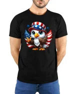 Cute American Eagle Patriotic Cartoon USA Flag T Shirt - model wearing black tee with hands behind back