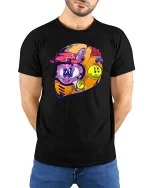 Funny Cartoon Racing Helmet Character Color Splash T Shirt - model wearing black tee with hands behind back
