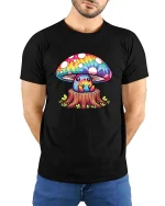 Cute Rainbow Mushroom Cartoon Fantasy Nature Art T Shirt - model wearing black tee with hands behind back