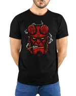 Hellboy Demon Skull Smoking Cigar Dark Graphic T Shirt - model wearing black tee with hands behind back