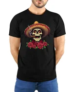 Mexican Skull Sombrero Smoking Cigar Roses Graphic T Shirt - model wearing black tee with hands behind back