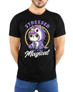 Cute Unicorn Cat Stressed But Still Magical Funny T Shirt - model wearing black tee with hands behind back