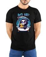 Funny Grim Reaper Bath Duck Off Humor Graphic T Shirt - model wearing black tee with hands behind back