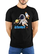 Cute Astronaut Space Rocket Planet Cartoon Adventure T Shirt - model wearing black tee with hands behind back