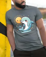 Cute Dolphin and Smiling Sun Cartoon Ocean Vibes Tshirt - model wearing grey tee, leaning on column
