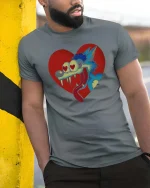 Funny Love Struck Wolf Cartoon Heart Eyes Wild T Shirt - model wearing grey tee, leaning on column