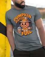 Pumpkin Patch Fuel Cute Scarecrow Fall Coffee T Shirt - model wearing grey tee, leaning on column