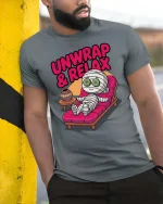 Funny Mummy Unwrap Relax Spa Humor Halloween T Shirt - model wearing grey tee, leaning on column