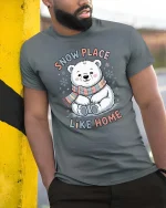 Cute Polar Bear Snow Place Like Home Winter T Shirt - model wearing grey tee, leaning on column