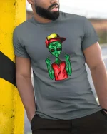 Funny Alien Street Style Graphic Cool Attitude T Shirt - model wearing grey tee, leaning on column