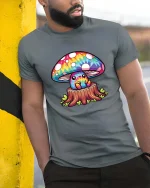 Cute Rainbow Mushroom Cartoon Fantasy Nature Art T Shirt - model wearing grey tee, leaning on column