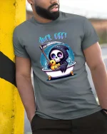 Funny Grim Reaper Bath Duck Off Humor Graphic T Shirt - model wearing grey tee, leaning on column