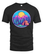 Mountain Camping Sunset Forest Adventure Graphic T Shirt - black t-shirt on white background