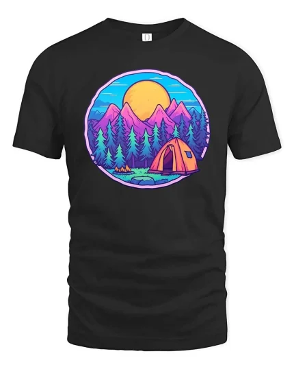Mountain Camping Sunset Forest Adventure Graphic T Shirt - black t-shirt on white background