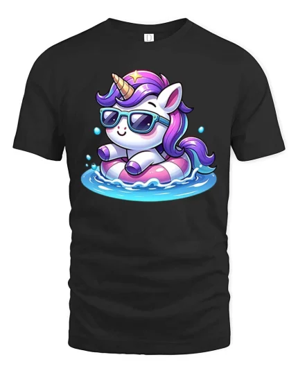 Cute Unicorn Pool Float Sunglasses Summer Graphic T Shirt - black t-shirt on white background