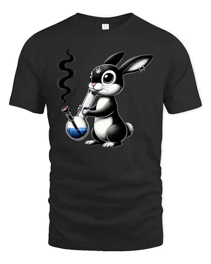 Funny Bunny Smoking Bong Cartoon Graphic T Shirt Tee - black t-shirt on white background