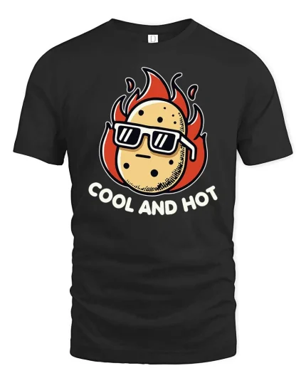Cool And Hot Funny Potato Fire Graphic T Shirt Tee - black t-shirt on white background