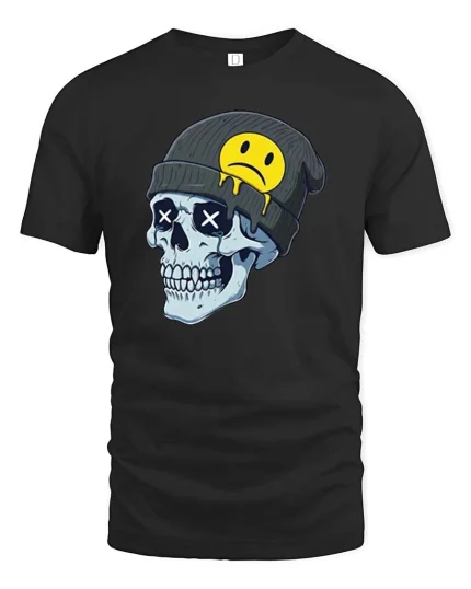 Edgy Skull Beanie Sad Smiley Graphic T Shirt Street Tee - black t-shirt on white background