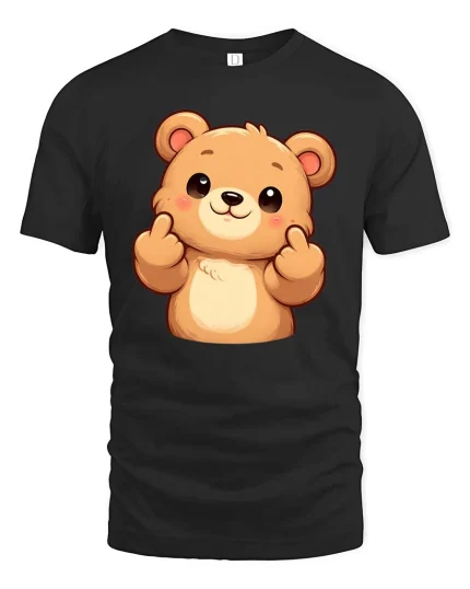 Cute Bear Finger Heart Cartoon Kawaii Graphic T Shirt Tee - black t-shirt on white background