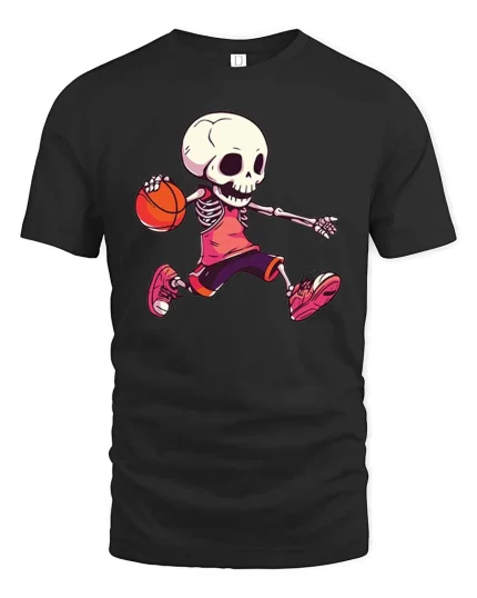 Funny Skeleton Basketball Player Graphic T Shirt Street - black t-shirt on white background
