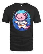 Cute Axolotl Astronaut Space Cartoon Graphic T Shirt Tee - black t-shirt on white background