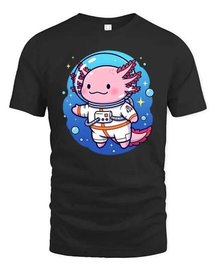 Cute Axolotl Astronaut Space Cartoon Graphic T Shirt Tee - black t-shirt on white background