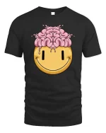Funny Brain Melt Smiley Face Graphic T Shirt Humor Tee - black t-shirt on white background