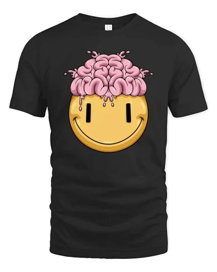 Funny Brain Melt Smiley Face Graphic T Shirt Humor Tee - black t-shirt on white background