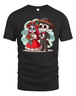 Cute Day Of Dead Couple Cartoon Skull Graphic T Shirt Tee - black t-shirt on white background