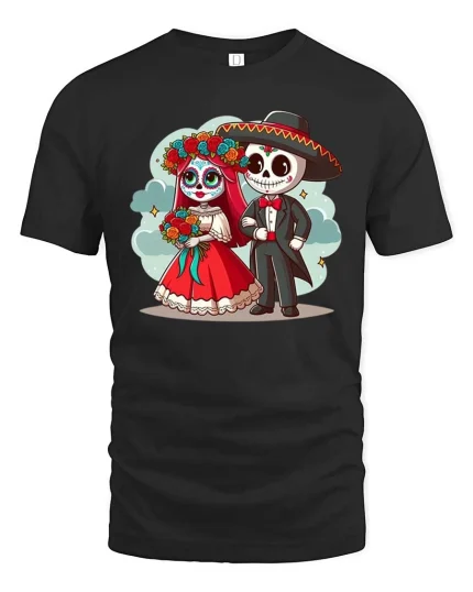 Cute Day Of Dead Couple Cartoon Skull Graphic T Shirt Tee - black t-shirt on white background