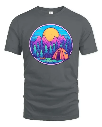 Mountain Camping Sunset Forest Adventure Graphic T Shirt - gray t-shirt on white background