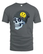 Edgy Skull Beanie Sad Smiley Graphic T Shirt Street Tee - gray t-shirt on white background
