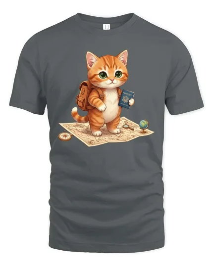 Cute Travel Cat Explorer Passport Adventure T Shirt Tee - gray t-shirt on white background