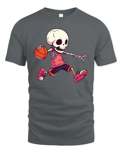 Funny Skeleton Basketball Player Graphic T Shirt Street - gray t-shirt on white background