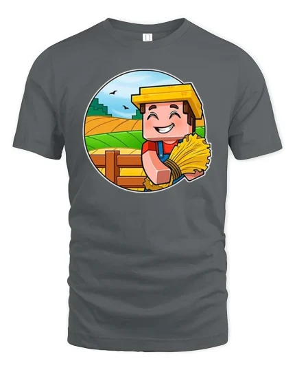 Happy Farmer Harvest Cartoon Graphic T Shirt Rustic Tee - gray t-shirt on white background