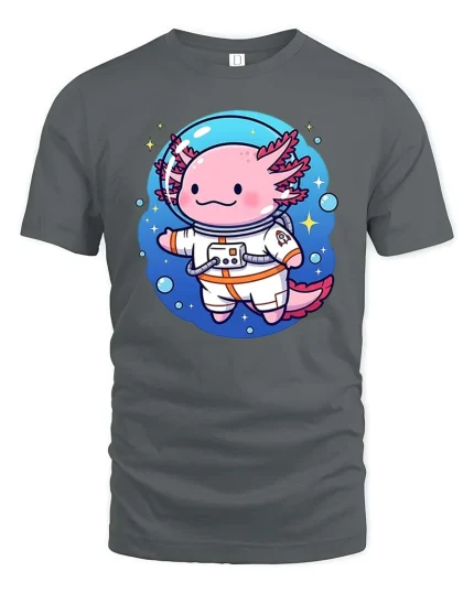Cute Axolotl Astronaut Space Cartoon Graphic T Shirt Tee - gray t-shirt on white background