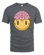 Funny Brain Melt Smiley Face Graphic T Shirt Humor Tee - gray t-shirt on white background