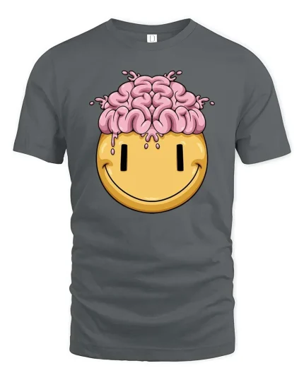 Funny Brain Melt Smiley Face Graphic T Shirt Humor Tee - gray t-shirt on white background