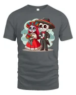 Cute Day Of Dead Couple Cartoon Skull Graphic T Shirt Tee - gray t-shirt on white background