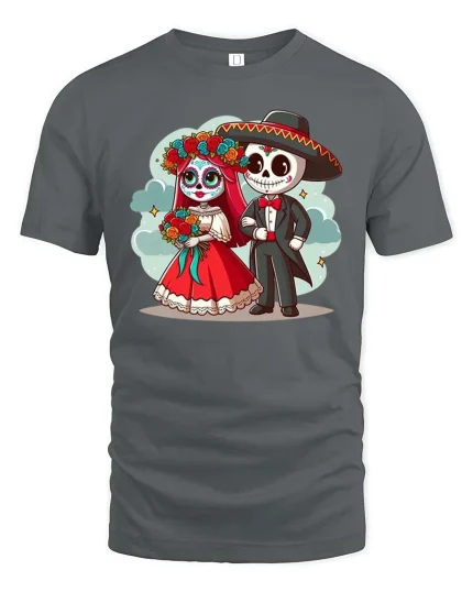 Cute Day Of Dead Couple Cartoon Skull Graphic T Shirt Tee - gray t-shirt on white background