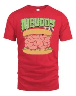 Hi Buddy Eat This Brain Burger Funny Graphic T Shirt - red t-shirt on white background