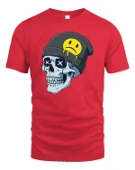 Edgy Skull Beanie Sad Smiley Graphic T Shirt Street Tee - red t-shirt on white background