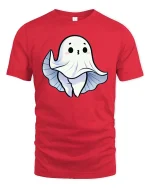 Cute Ghost Peek Boo Cartoon Halloween Graphic T Shirt Tee - red t-shirt on white background
