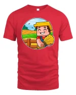 Happy Farmer Harvest Cartoon Graphic T Shirt Rustic Tee - red t-shirt on white background